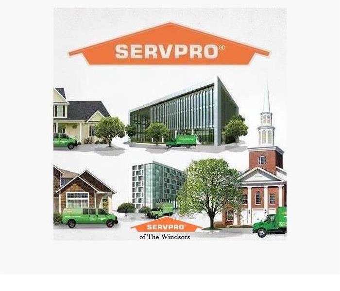 SERVPRO logo, commercial buildings, a church, 2 houses, trees, 4 servpro vans