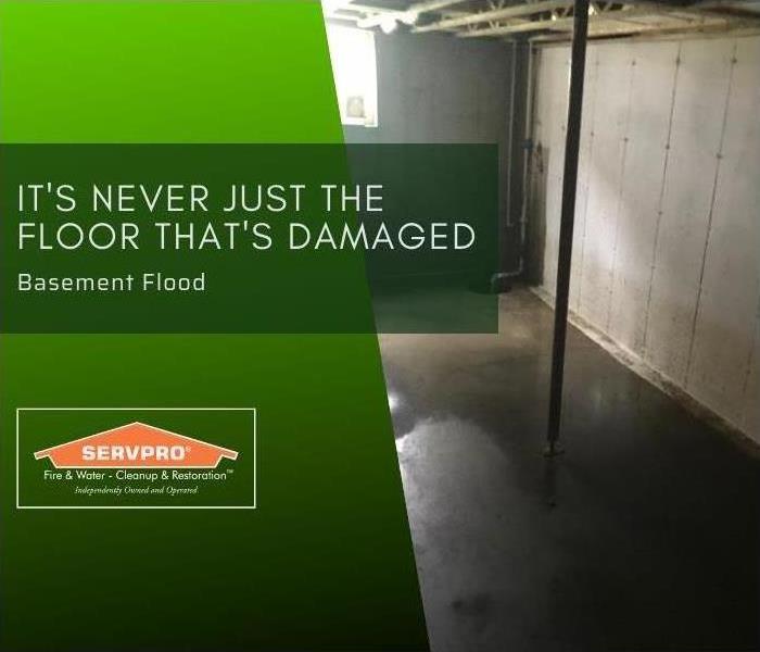 basement with flooded concrete floors and white walls. The picture reads "it's never just the floor that's damaged" .