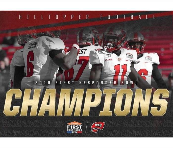 Photo reads "Hilltopper Football 2019 First Responder Bowl Champions" photo of team members in the background