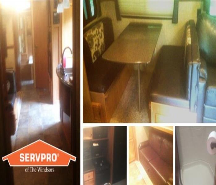 interior of RV- kitchen, table and bench seating, SERVPRO logo, vinyl floor