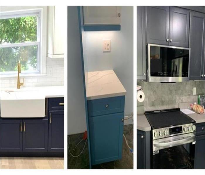 3 sets of kitchen, south windsor, windsor, blue cabinets, teal cabiets, black cabiets, water damage repairs, appliances, sink