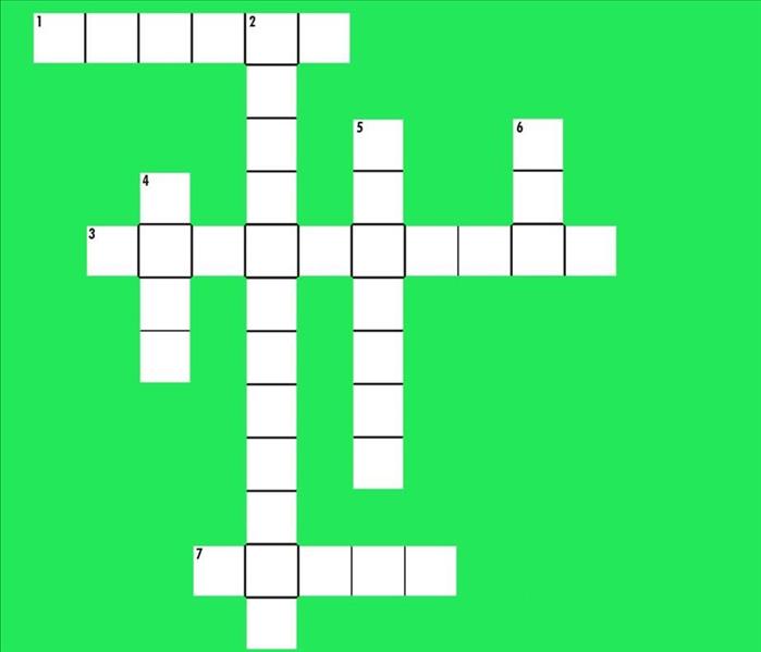 crossword puzzle, green background, SERVPRO logo, water, fire damage, cleanup