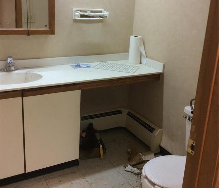 pivture of bathroom, medicine cabinet, long counter top, vinyl floor, toilet bowl, servpro logo